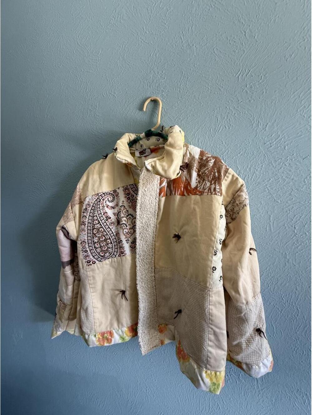 Handmade Patchwork quilted jacket with paisley and floral prints in cream & tan